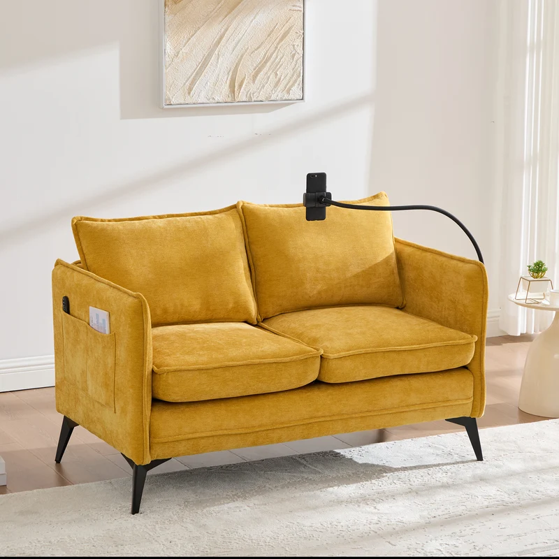 Canapé 2 places moderne chenille jaune poches latérales et support téléphone réglable 127x69x66cm CELESTEUM