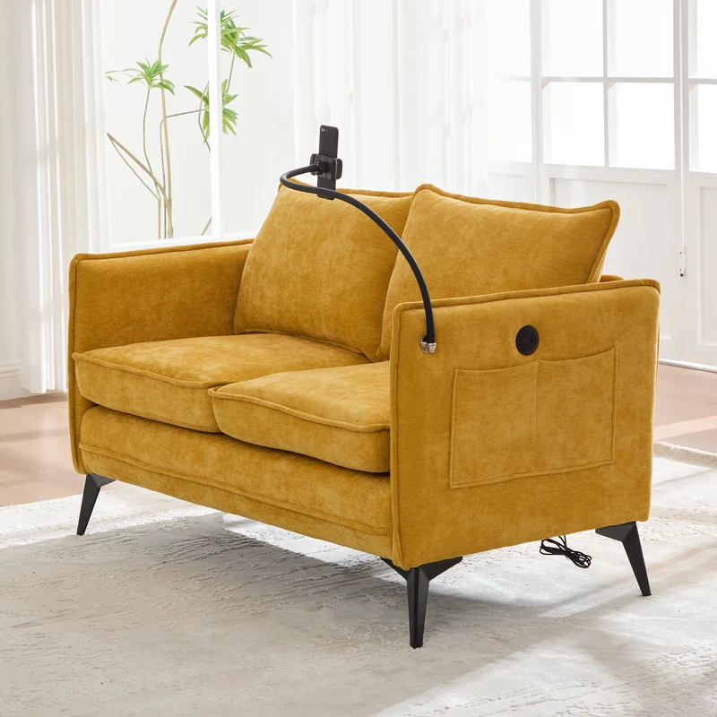 Canapé 2 places moderne chenille jaune poches latérales et support téléphone réglable 127x69x66cm CELESTEUM