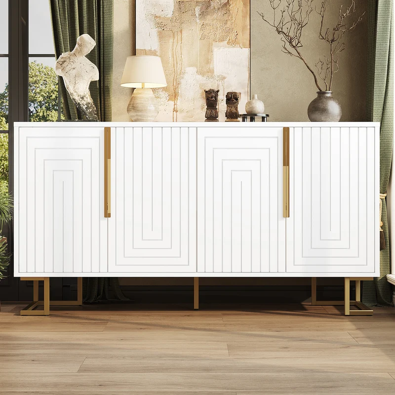 Buffet blanc portes à motif géométrique, poignées dorées 4 portes CEDARPEAK