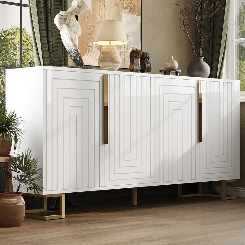 Buffet blanc portes à motif géométrique, poignées dorées 4 portes CEDARPEAK