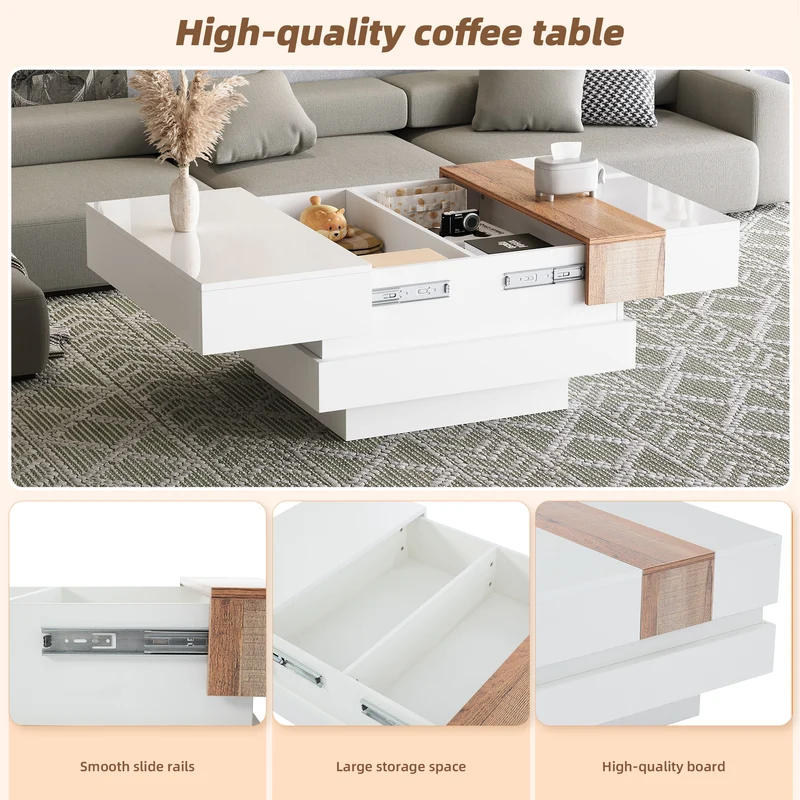 Table basse carrée blanche brillante et bois plateau coulissant et rangement caché CEDARBROOK