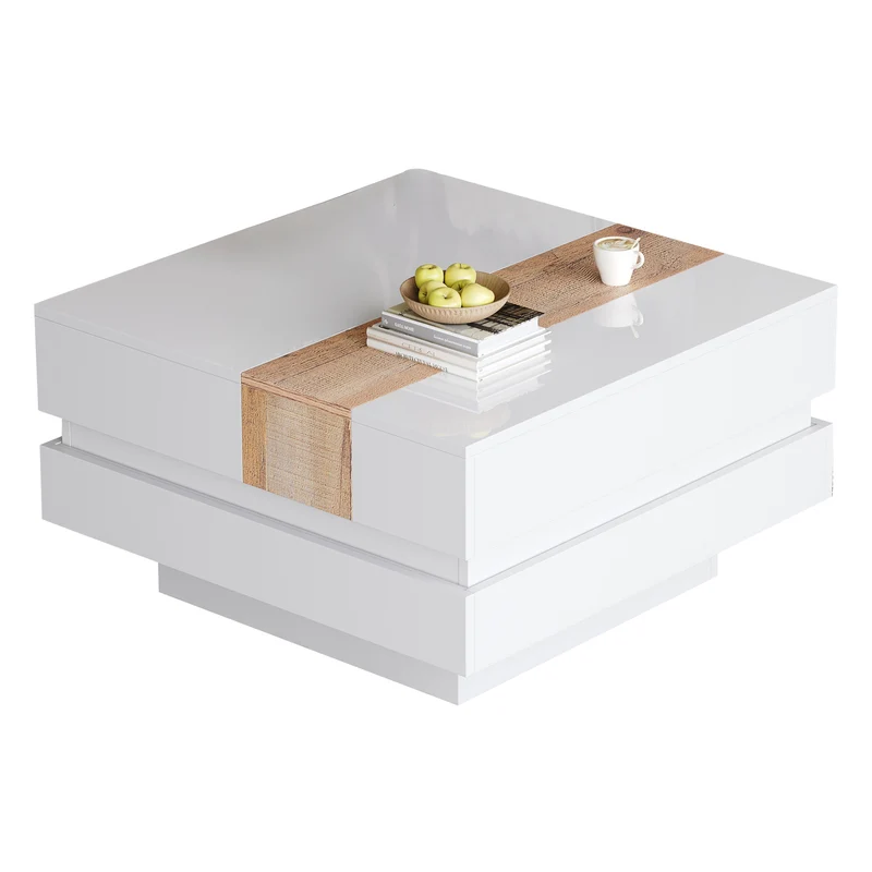 Table basse carrée blanche brillante et bois plateau coulissant et rangement caché CEDARBROOK