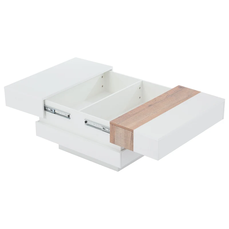 Table basse carrée blanche brillante et bois plateau coulissant et rangement caché CEDARBROOK