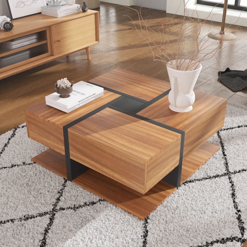 Table basse carrée effet bois 4 tiroirs et étagère ouverte AHNOIR