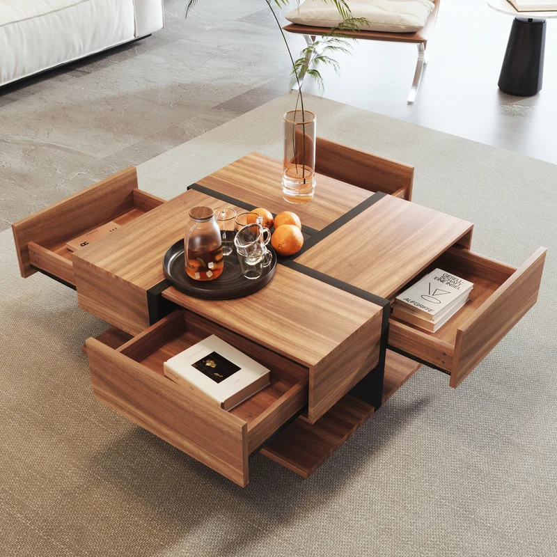 Table basse carrée effet bois 4 tiroirs et étagère ouverte AHNOIR