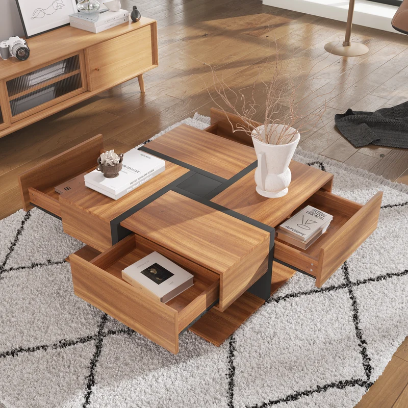 Table basse carrée effet bois 4 tiroirs et étagère ouverte AHNOIR