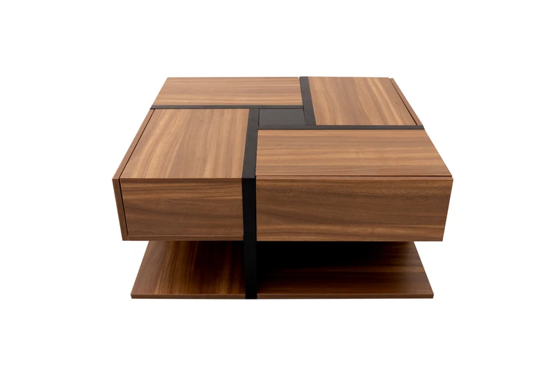 Table basse carrée effet bois 4 tiroirs et étagère ouverte AHNOIR