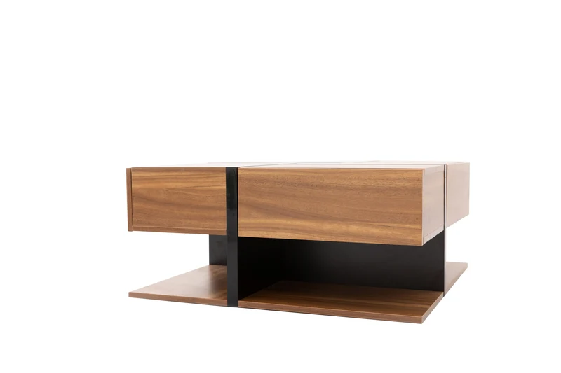 Table basse carrée effet bois 4 tiroirs et étagère ouverte AHNOIR