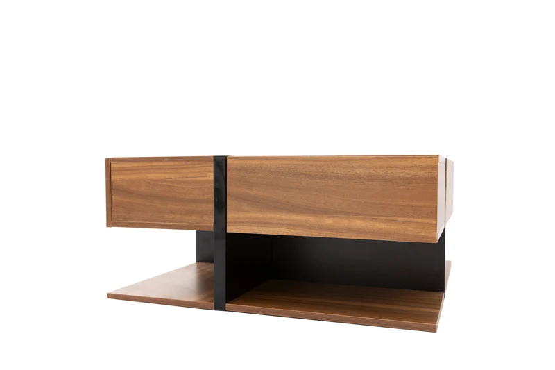 Table basse carrée effet bois 4 tiroirs et étagère ouverte AHNOIR