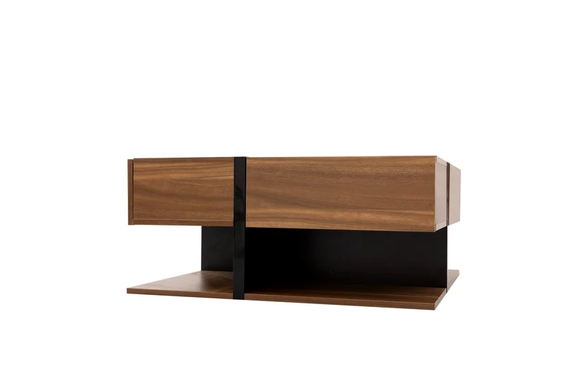 Table basse carrée effet bois 4 tiroirs et étagère ouverte AHNOIR