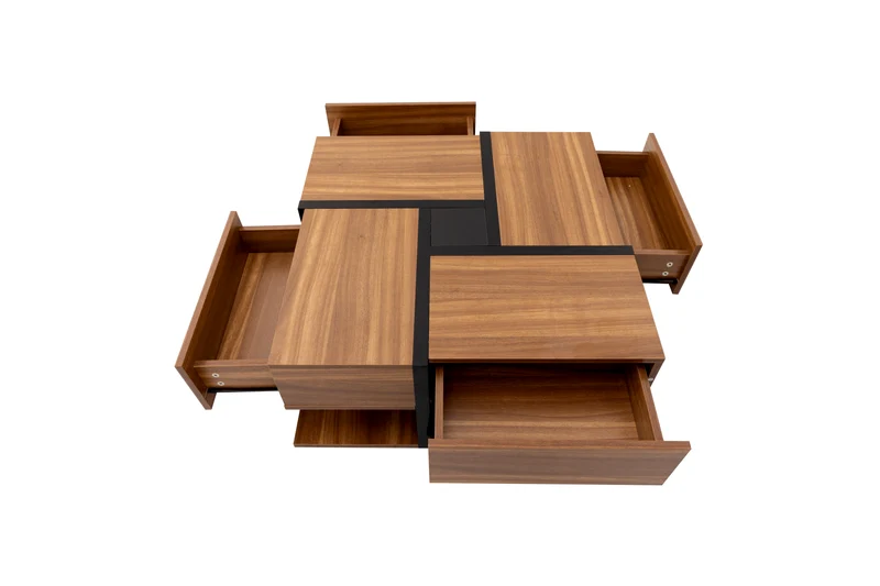 Table basse carrée effet bois 4 tiroirs et étagère ouverte AHNOIR