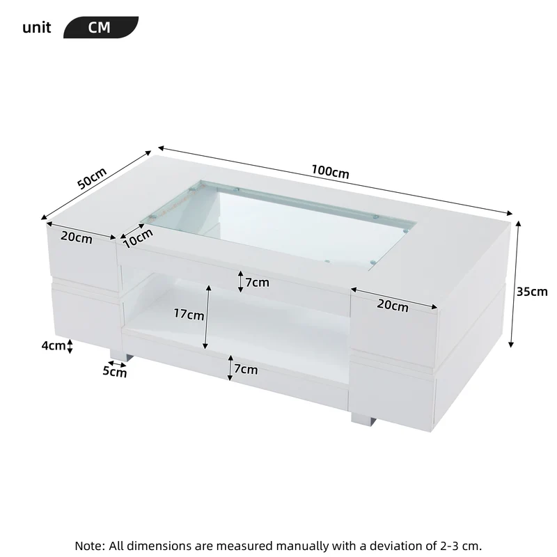 Table basse blanche moderne verre trempé avec éclairage LED 100x50x35cm SCRIEN