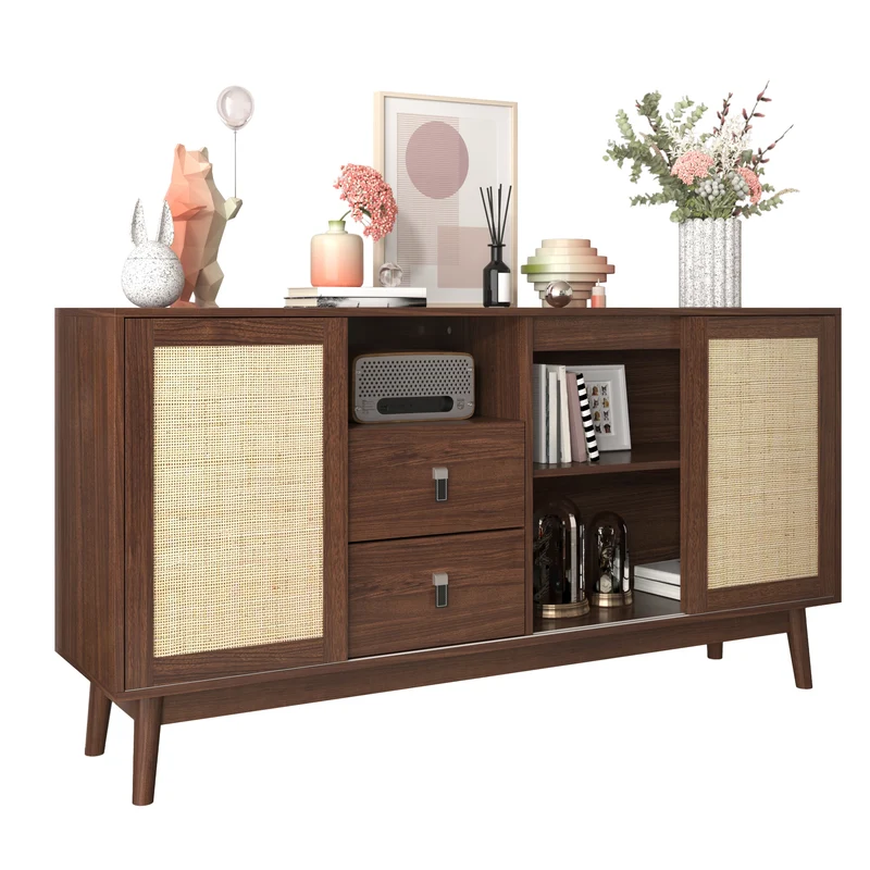 Buffet effet bois noyer avec 3 portes coulissantes en rotin et 2 tiroirs 155x38x80cm USOH WALNUT