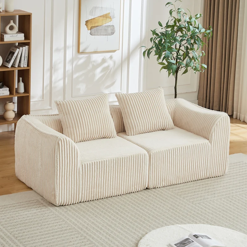 Canapé 2 places en velours côtelé beige, 2 coussins sans montage VERTEXVYNRAKYN