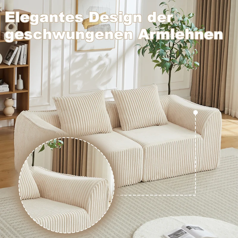 Canapé 2 places en velours côtelé beige, 2 coussins sans montage VERTEXVYNRAKYN