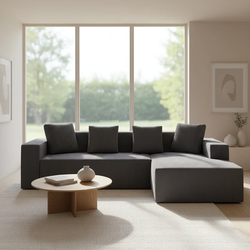 Canapé d'angle velours côtelé gris avec méridienne sans montage 261x146x65cm VERTEXKAELISYNATH