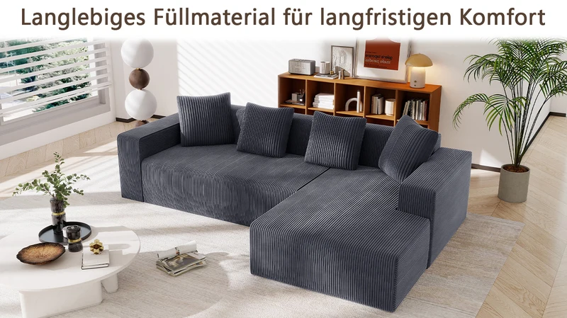Canapé d'angle velours côtelé gris avec méridienne sans montage 261x146x65cm VERTEXKAELISYNATH