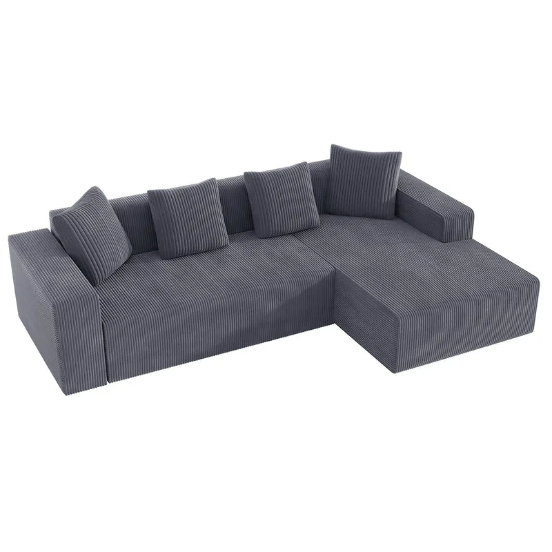 Canapé d'angle velours côtelé gris avec méridienne sans montage 261x146x65cm VERTEXKAELISYNATH