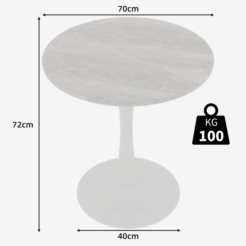 Table de salle à manger ronde effet marbre blanc 2-4 personnes, 70 cm VERTEXSYLTHYN