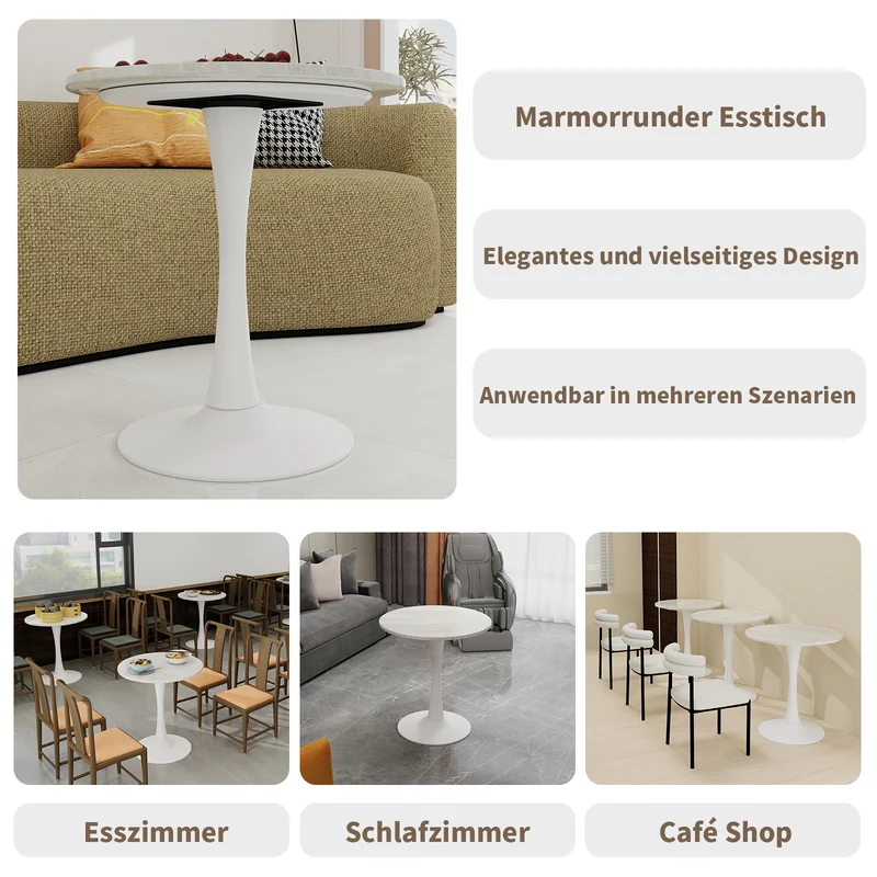 Table de salle à manger ronde effet marbre blanc 2-4 personnes, 70 cm VERTEXSYLTHYN