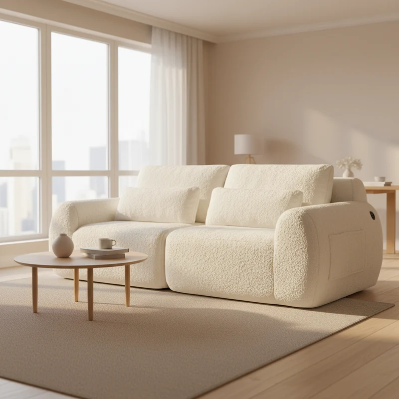 Canapé 2 places en fausse fourrure de lapin, beige, USB, poche latérale VERTEXZYNTHYNOR