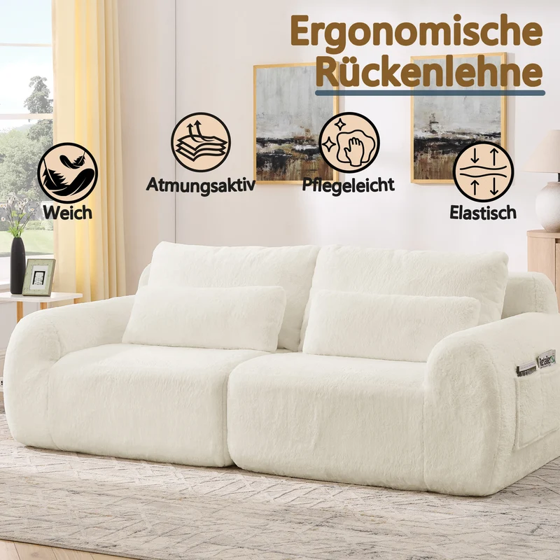 Canapé 2 places en fausse fourrure de lapin, beige, USB, poche latérale VERTEXZYNTHYNOR