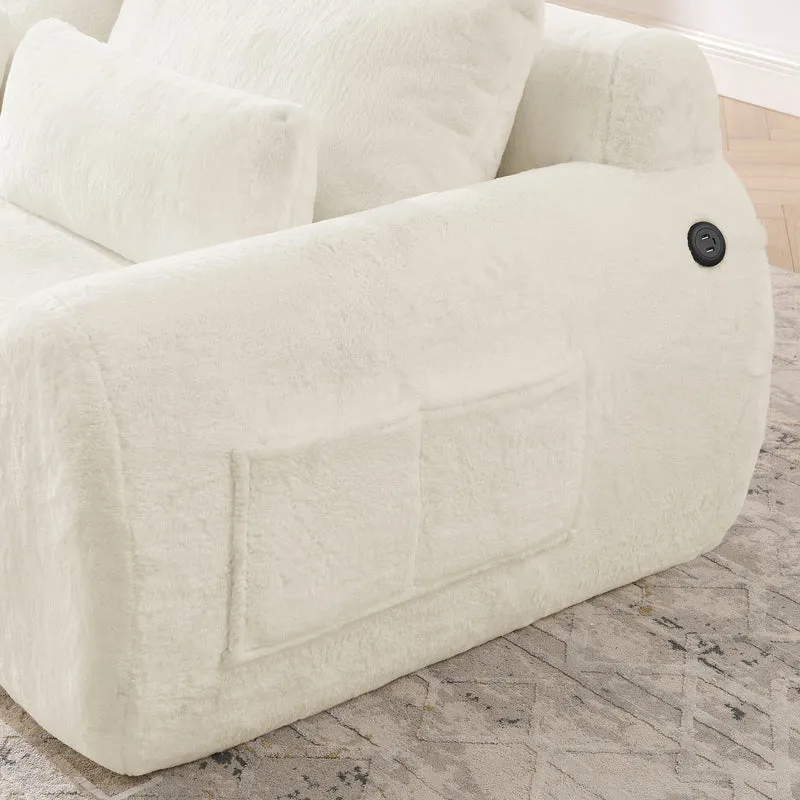 Canapé 2 places en fausse fourrure de lapin, beige, USB, poche latérale VERTEXZYNTHYNOR