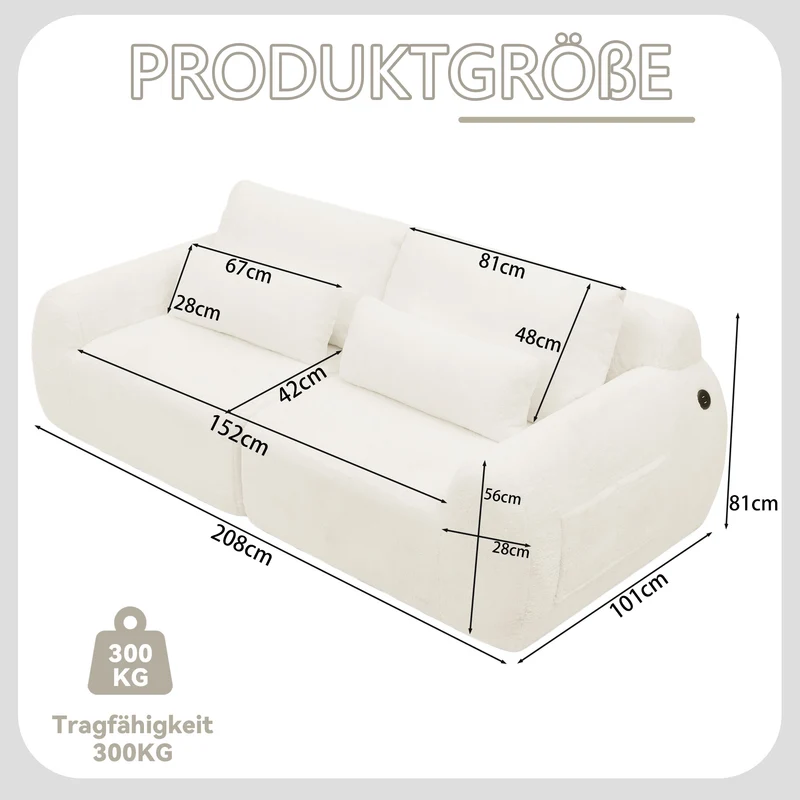 Canapé 2 places en fausse fourrure de lapin, beige, USB, poche latérale VERTEXZYNTHYNOR