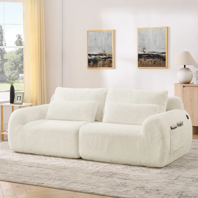 Canapé 2 places en fausse fourrure de lapin, beige, USB, poche latérale VERTEXZYNTHYNOR