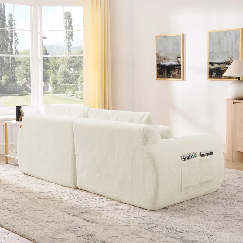 Canapé 2 places en fausse fourrure de lapin, beige, USB, poche latérale VERTEXZYNTHYNOR