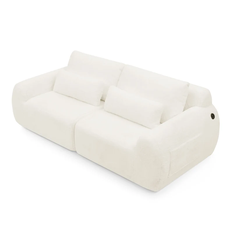 Canapé 2 places en fausse fourrure de lapin, beige, USB, poche latérale VERTEXZYNTHYNOR
