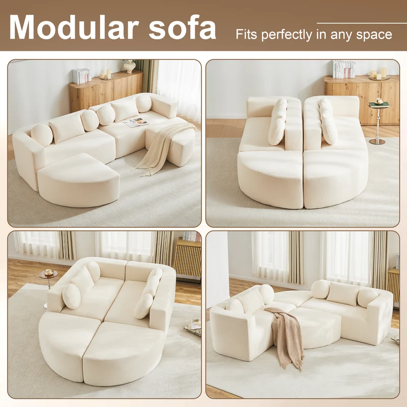 Canapé panoramique modulable avec fonction lit, chenille beige, sans montage 292x165x68 cm FLAREZORA