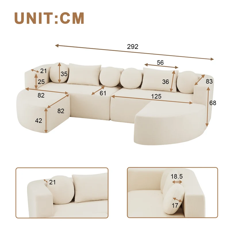 Canapé panoramique modulable avec fonction lit, chenille beige, sans montage 292x165x68 cm FLAREZORA