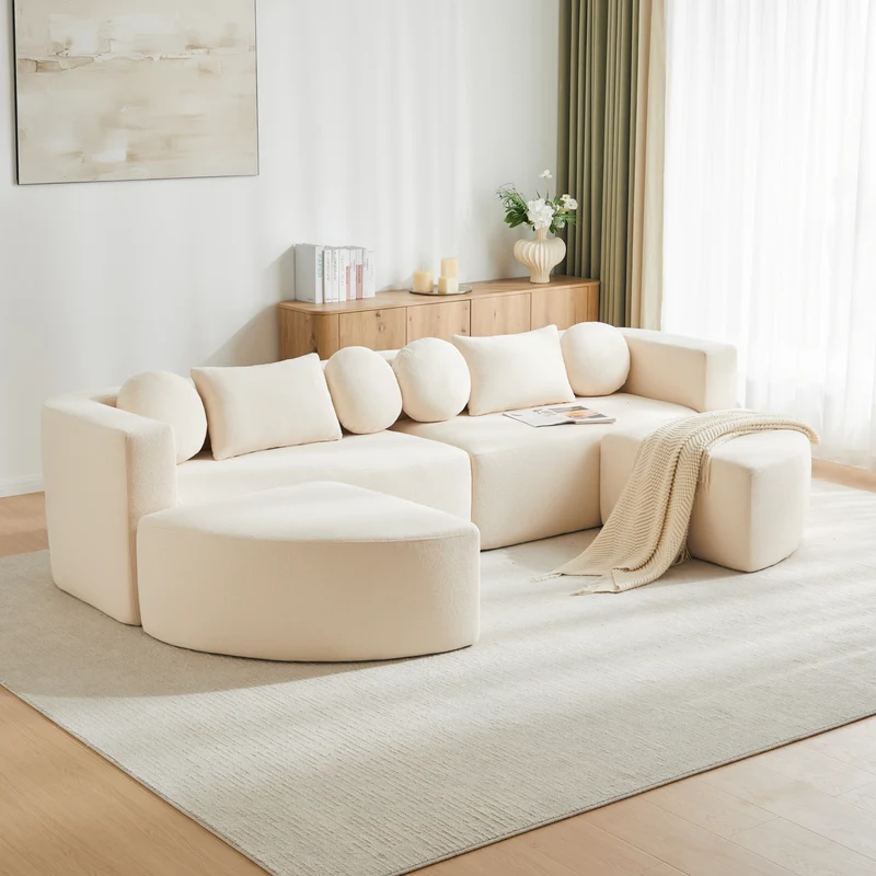 Canapé panoramique modulable avec fonction lit, chenille beige, sans montage 292x165x68 cm FLAREZORA