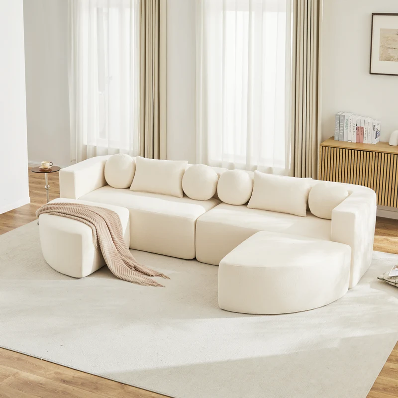 Canapé panoramique modulable avec fonction lit, chenille beige, sans montage 292x165x68 cm FLAREZORA