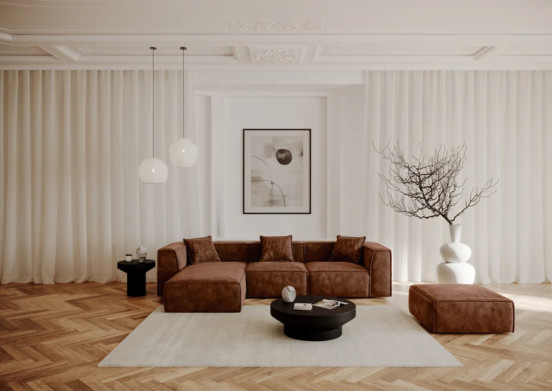 Canapé grand angle gauche ROLF Tissu effet cuir vintage