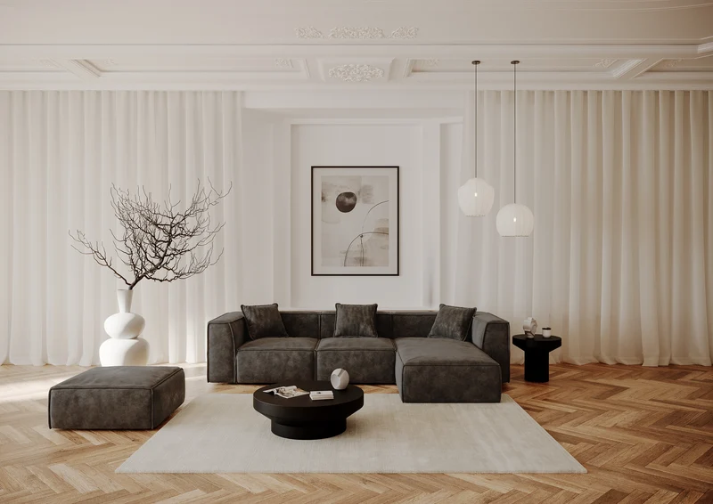 Canapé grand angle droit ROLF Tissu effet cuir vintage