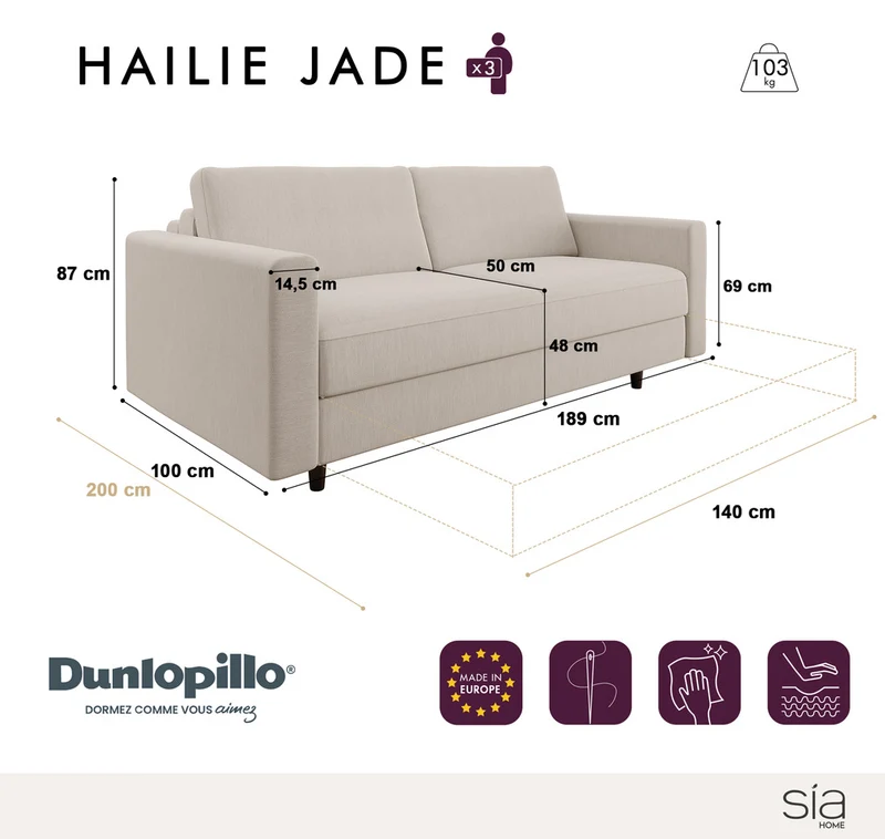 Canapé convertible express HAILIE JADE Tissu tramé - Matelas Dunlopillo 140cm