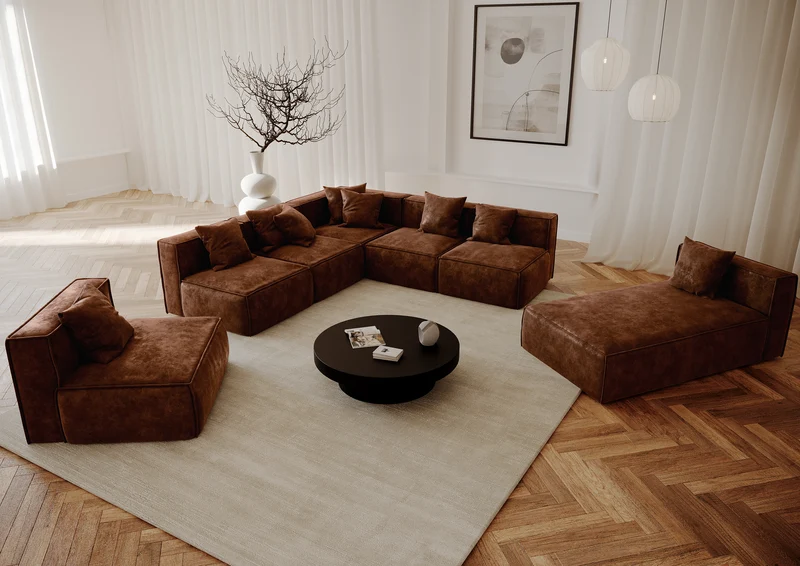 Canapé panoramique modulable XXL ROLF Tissu effet cuir vintage