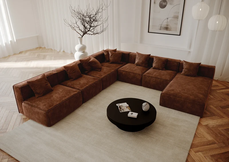 Canapé panoramique modulable XXL ROLF Tissu effet cuir vintage