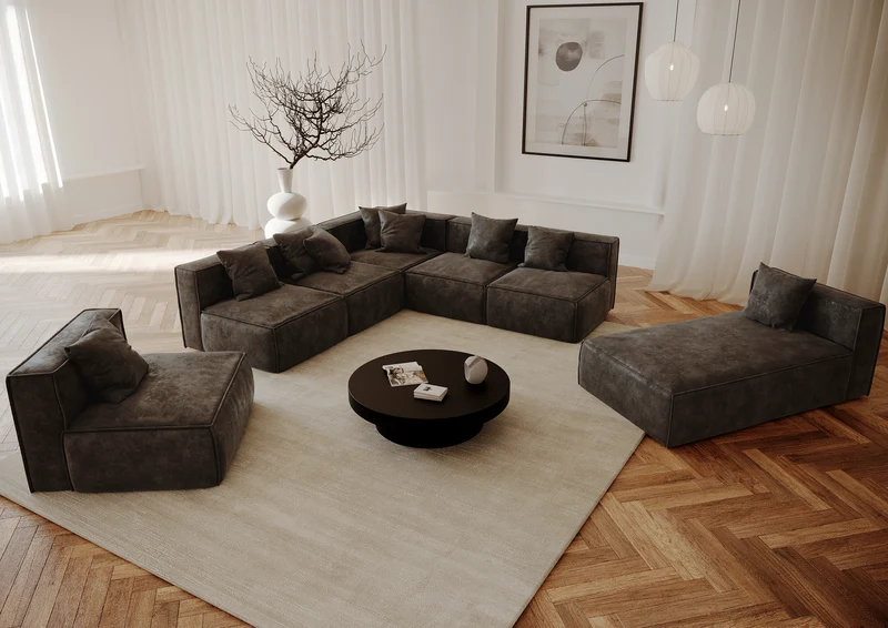 Canapé panoramique modulable XXL ROLF Tissu effet cuir vintage