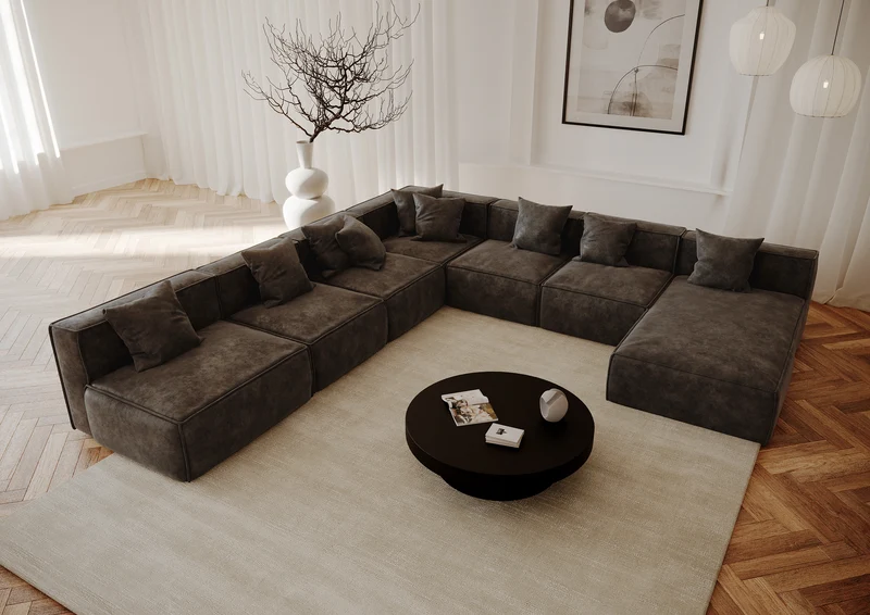 Canapé panoramique modulable XXL ROLF Tissu effet cuir vintage