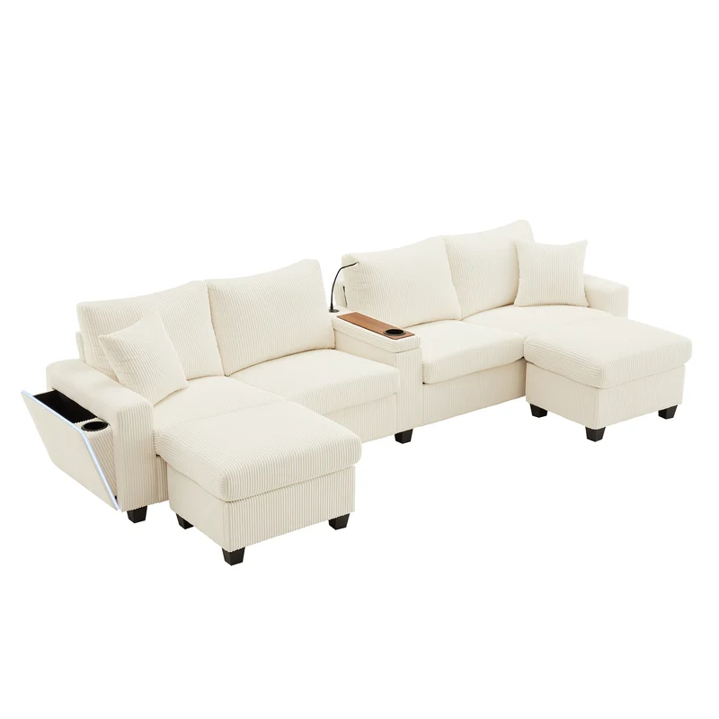 Canapé d'angle en U en velours côtelé beige avec 2 poufs coffres, lampe, ports USB/Type-C et LED 334x128,5x81cm FLAREVORN