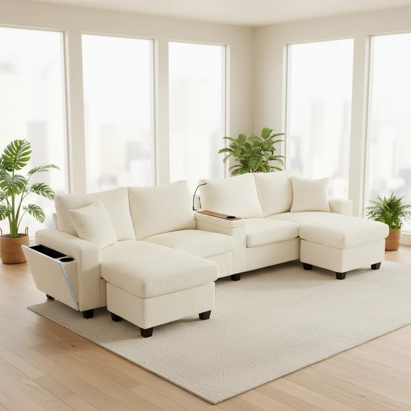 Canapé d'angle en U en velours côtelé beige avec 2 poufs coffres, lampe, ports USB/Type-C et LED 334x128,5x81cm FLAREVORN