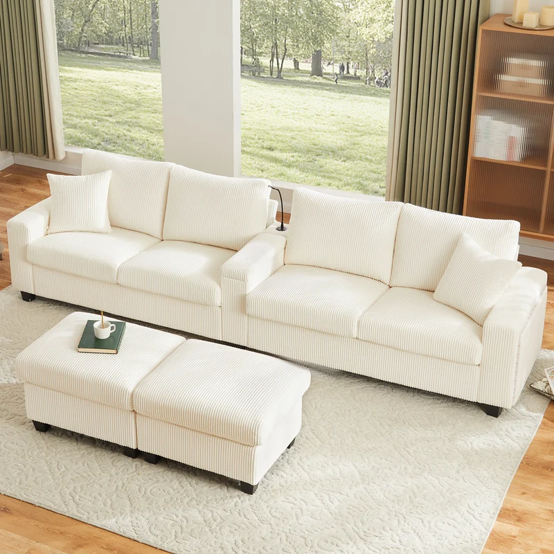 Canapé d'angle en U en velours côtelé beige avec 2 poufs coffres, lampe, ports USB/Type-C et LED 334x128,5x81cm FLAREVORN