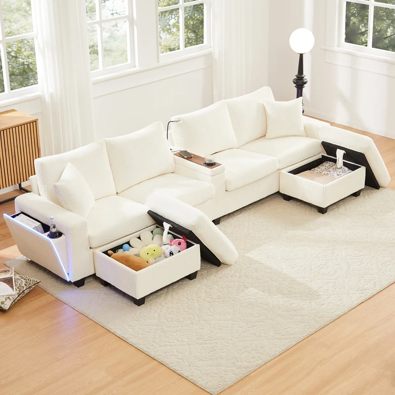 Canapé d'angle en U en velours côtelé beige avec 2 poufs coffres, lampe, ports USB/Type-C et LED 334x128,5x81cm FLAREVORN
