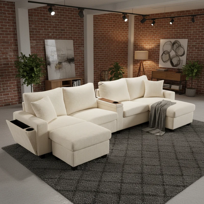 Canapé d'angle en U en velours côtelé beige avec 2 poufs coffres, lampe, ports USB/Type-C et LED 334x128,5x81cm FLAREVORN