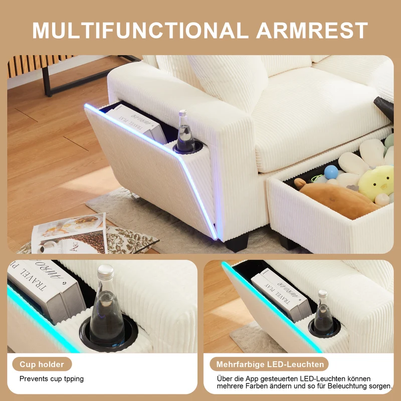 Canapé d'angle en U en velours côtelé beige avec 2 poufs coffres, lampe, ports USB/Type-C et LED 334x128,5x81cm FLAREVORN