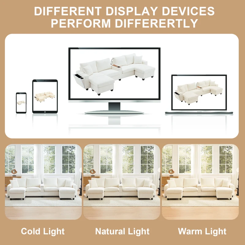 Canapé d'angle en U en velours côtelé beige avec 2 poufs coffres, lampe, ports USB/Type-C et LED 334x128,5x81cm FLAREVORN