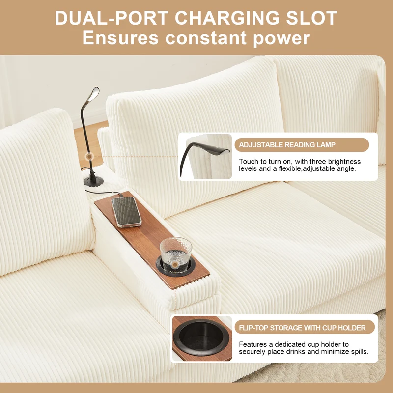 Canapé d'angle en U en velours côtelé beige avec 2 poufs coffres, lampe, ports USB/Type-C et LED 334x128,5x81cm FLAREVORN